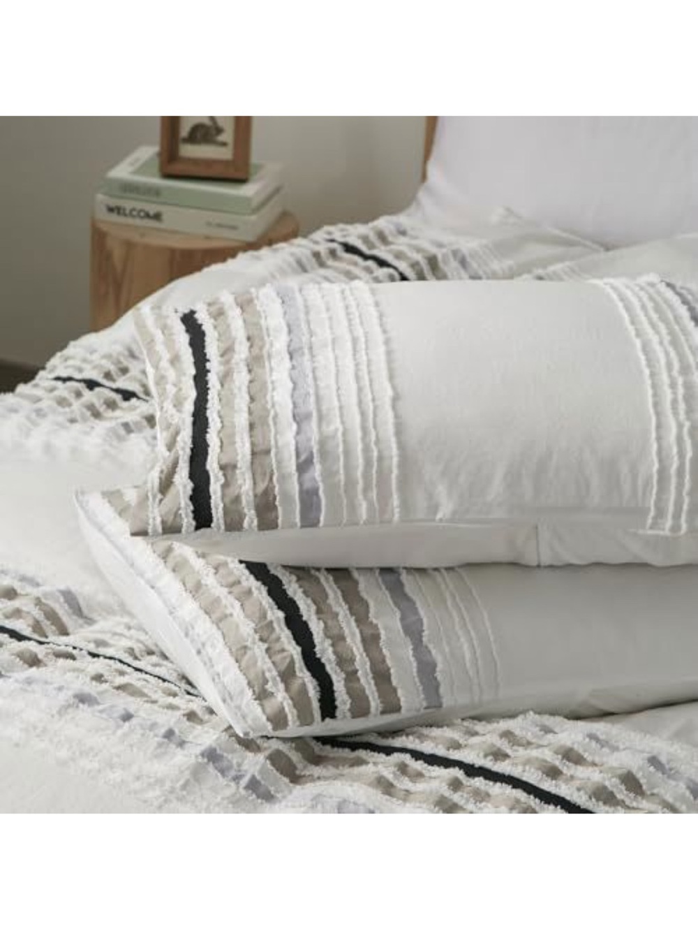 White Ombre Tufted Stripe Queen Duvet Cover Set - Picture 2 of 3